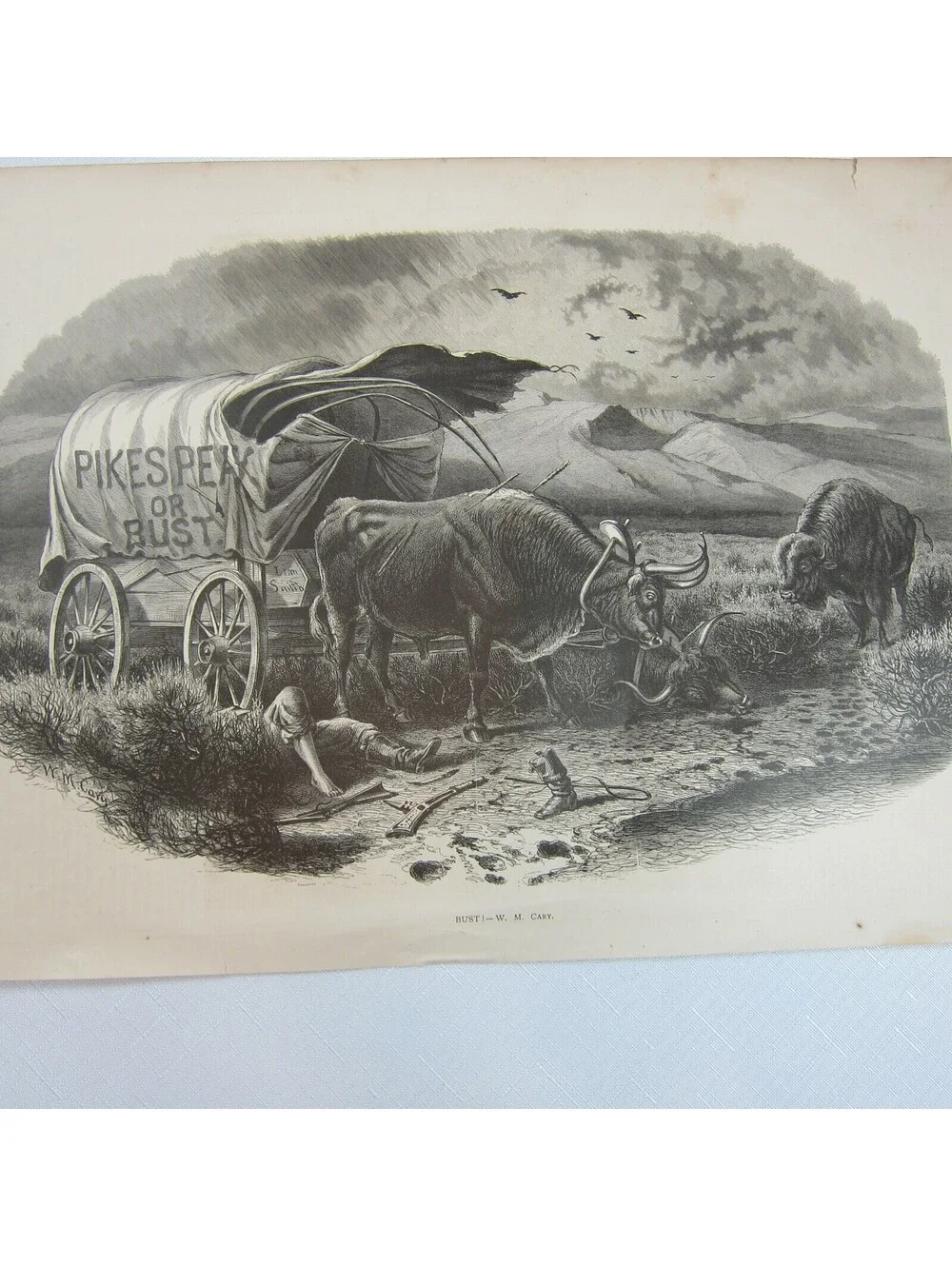 Antique 1873 Engraving Print Pikes Peak or BUST! W.M. Cary Wagon Indian Attack